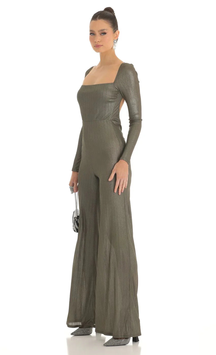 Shimmer Open Back Long Sleeve Jumpsuit in Olive