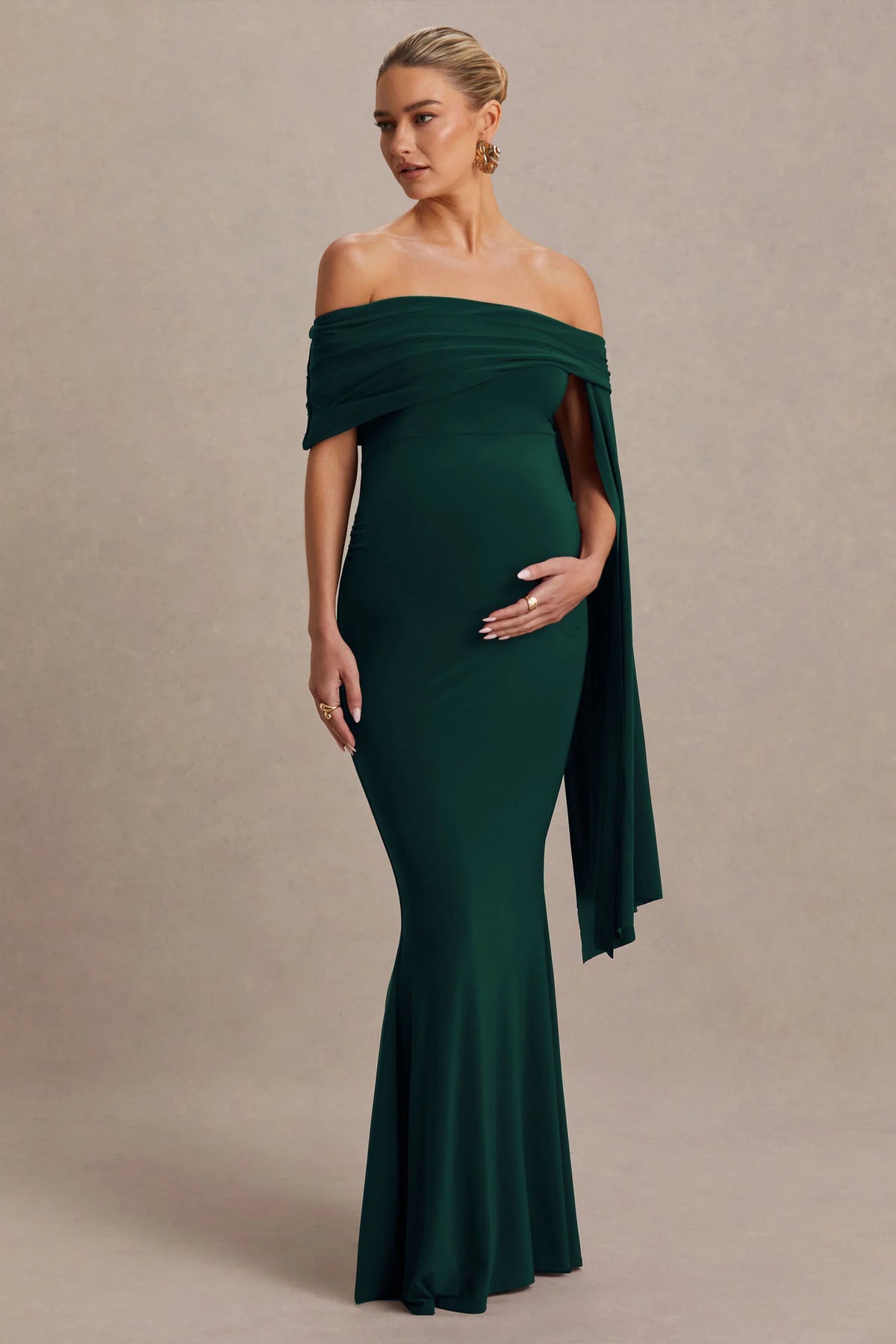 Aquila Bottle Green Bardot Maternity Maxi Dress With Draped Detail