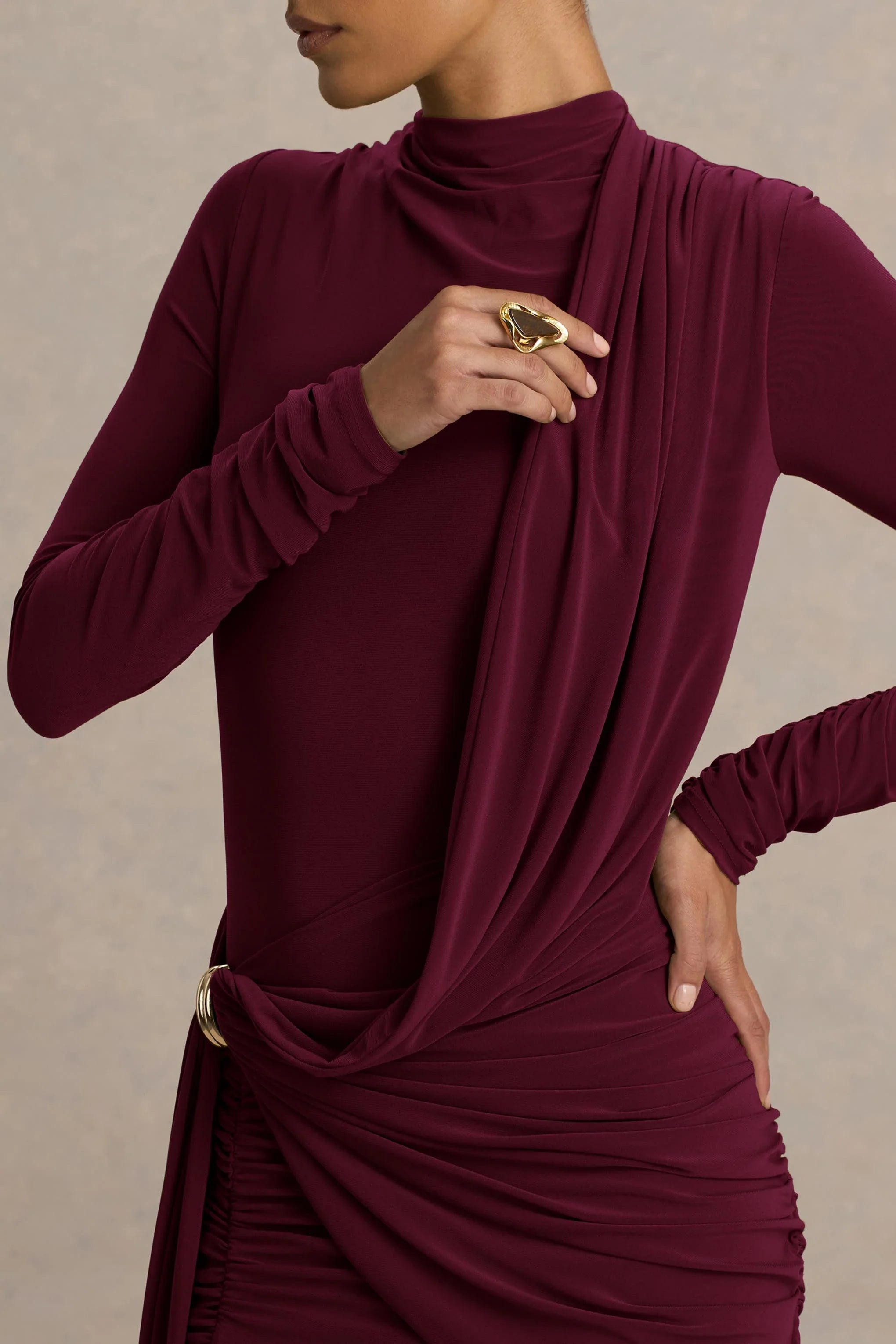 Melissa Burgundy Long Sleeve Wrap Maxi Dress With Draped Detailing