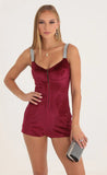 Velvet Hook and Eye Romper in Red