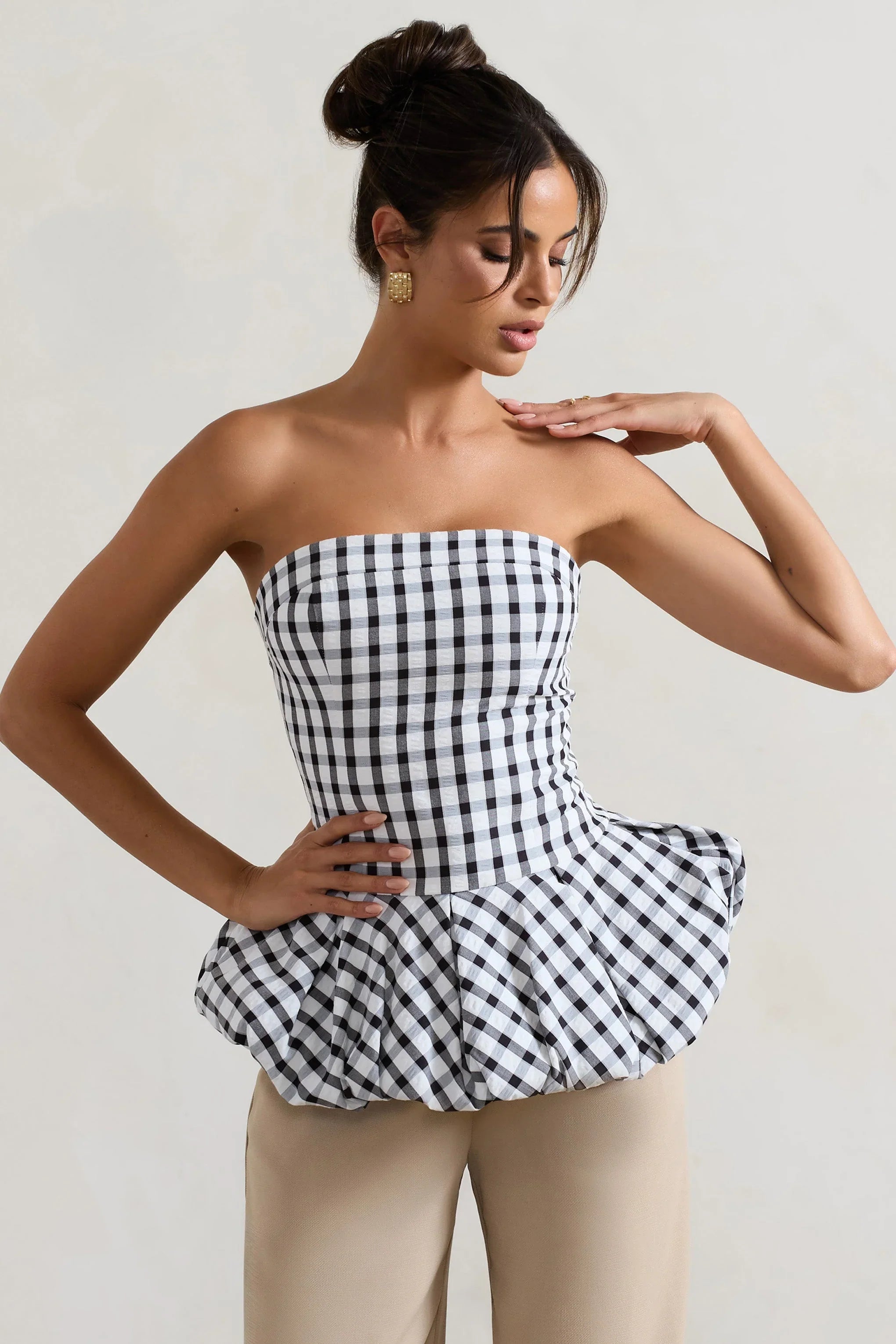Roll With It Black White Gingham Bandeau Ruffle Top