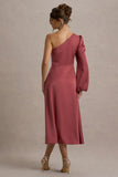 Haila Rose Pink Satin One Shoulder Midi Dress
