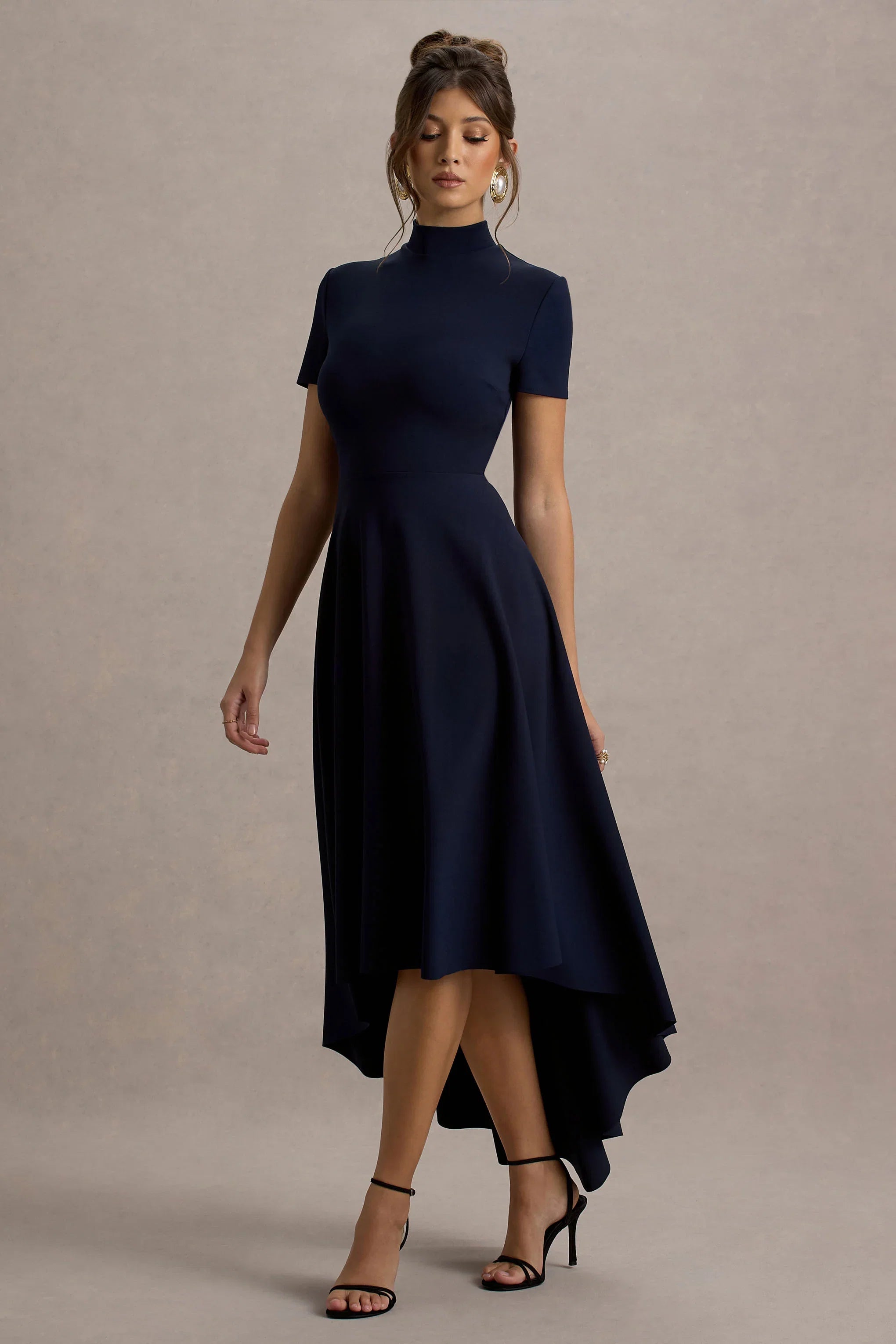 Bellona Navy High Neck High Low Midi Dress