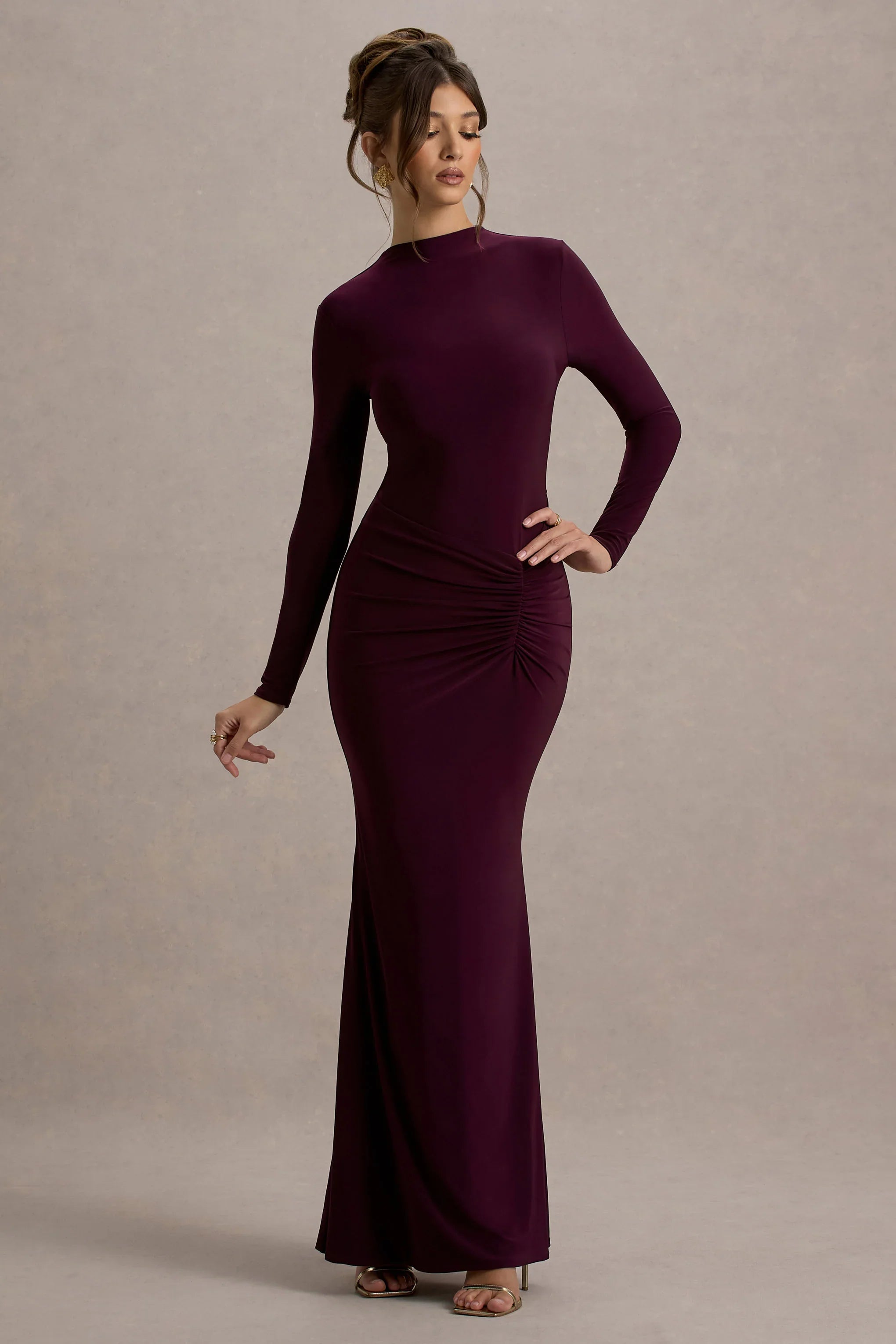 Reid Plum Long Sleeve Gathered Maxi Dress
