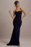 Adele Navy Backless Ruched Fishtail Cami Maxi Dress