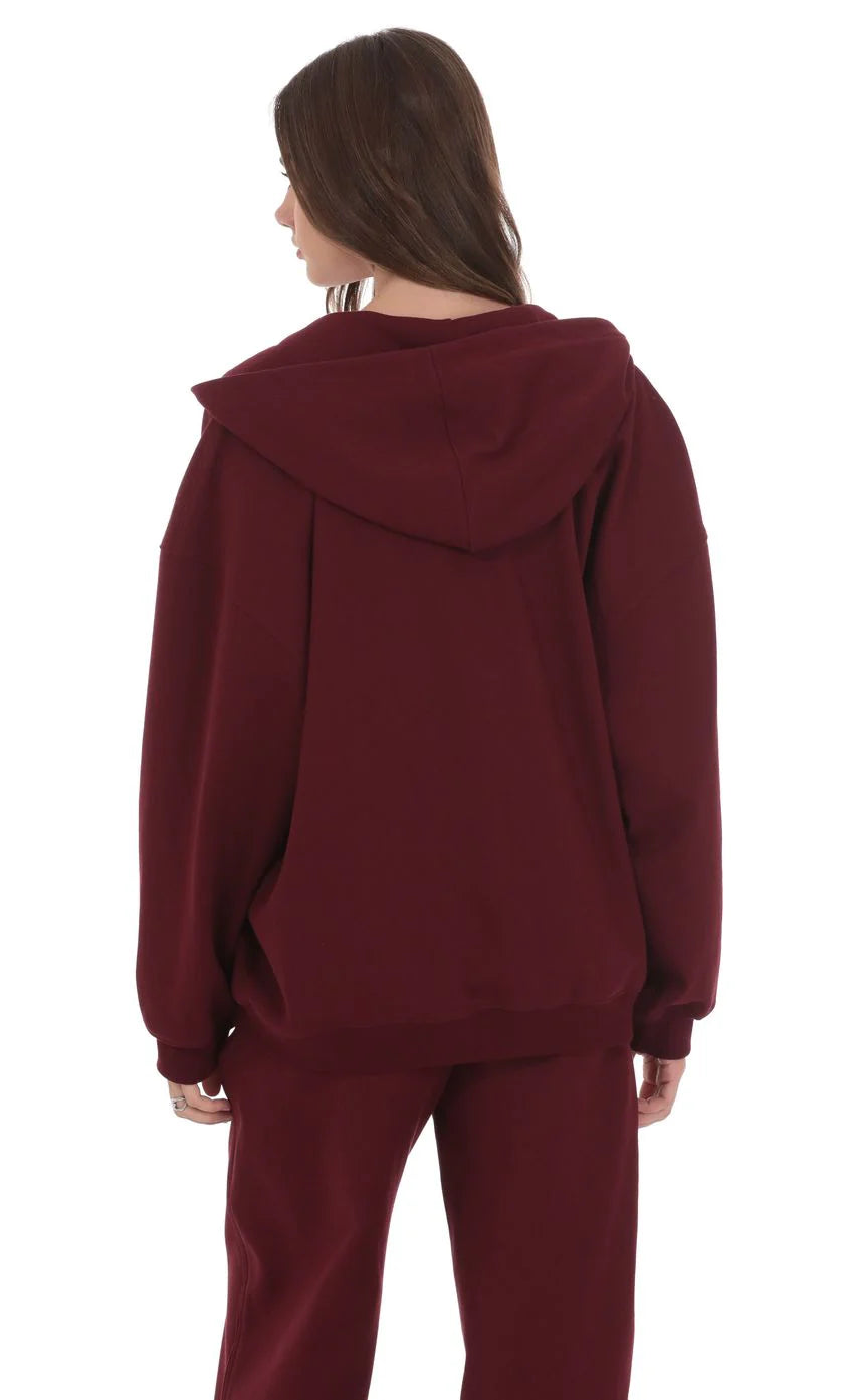 Oversize Zip Up Hoodie in Burgundy
