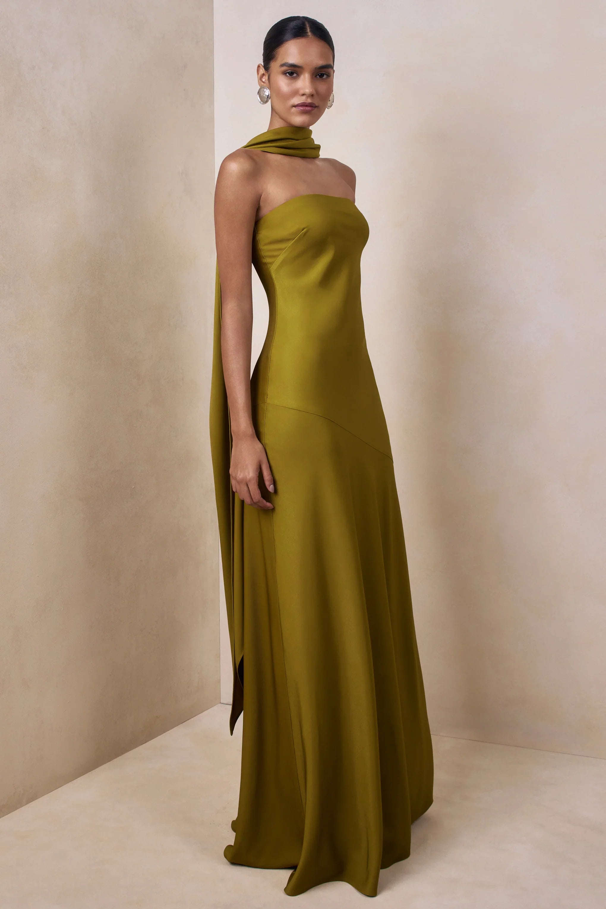 Charly Olive Matte Satin Bandeau Maxi Dress With Scarf Detail