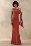 Vista Rust Asymmetric Neck Maxi Dress With Knot Sleeve Detail