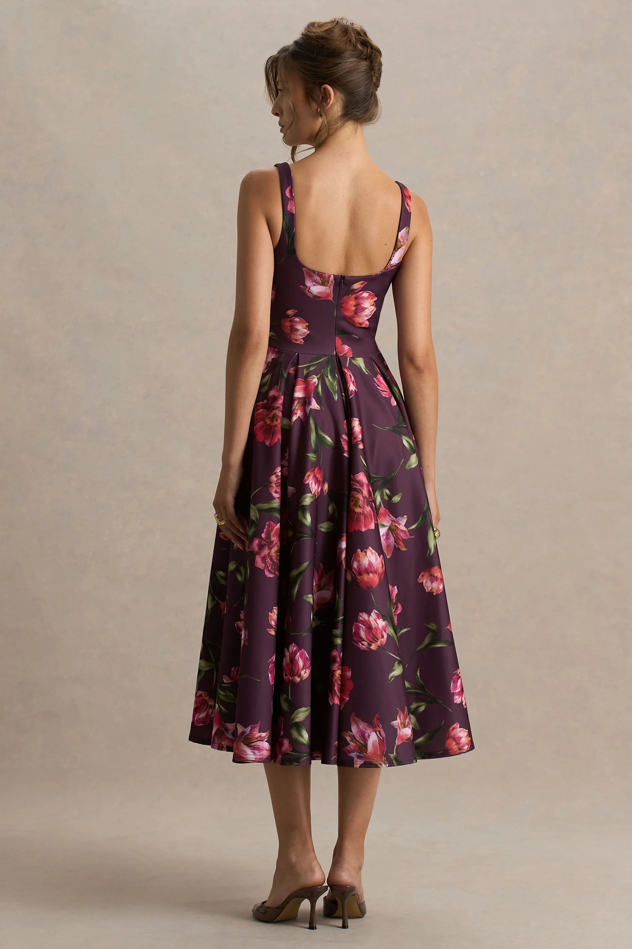 Berta Burgundy Floral Print Square Neck Midi Dress