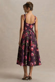 Berta Burgundy Floral Print Square Neck Midi Dress