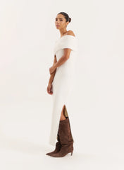 Cream Bardot Knitted Maxi Dress