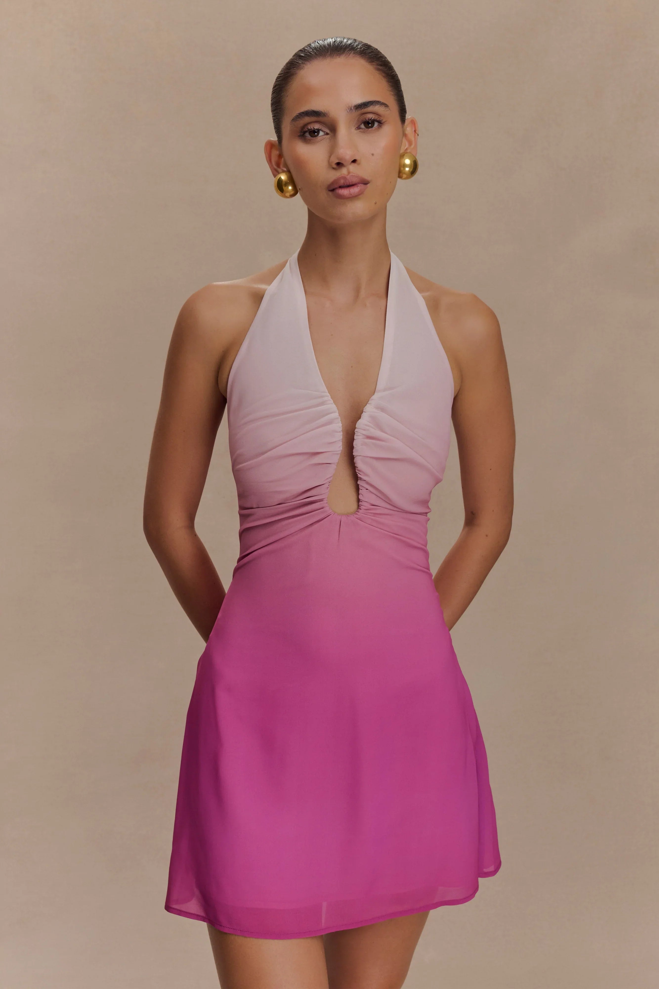 Malakhai Chiffon Halter Mini Dress Ombre Pink