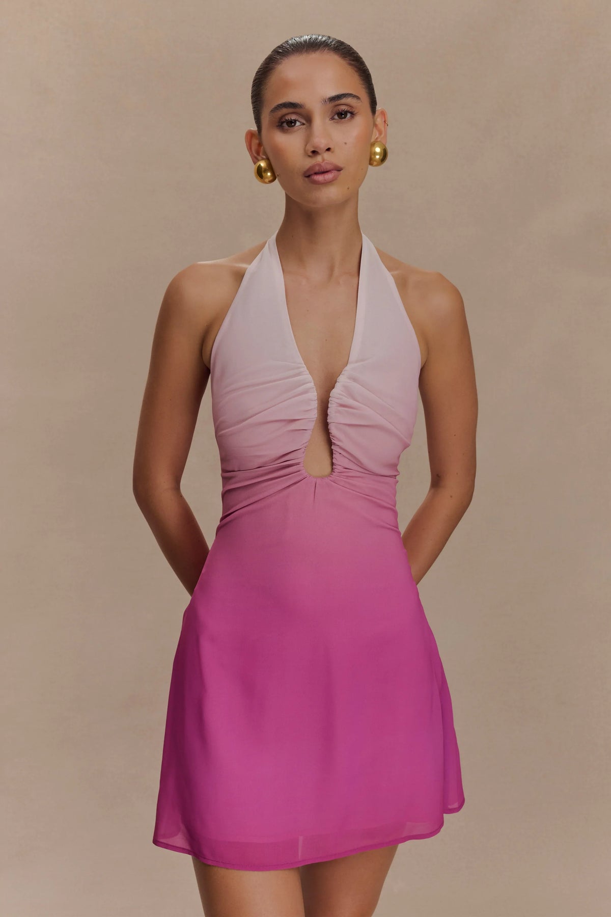 Malakhai Chiffon Halter Mini Dress Ombre Pink