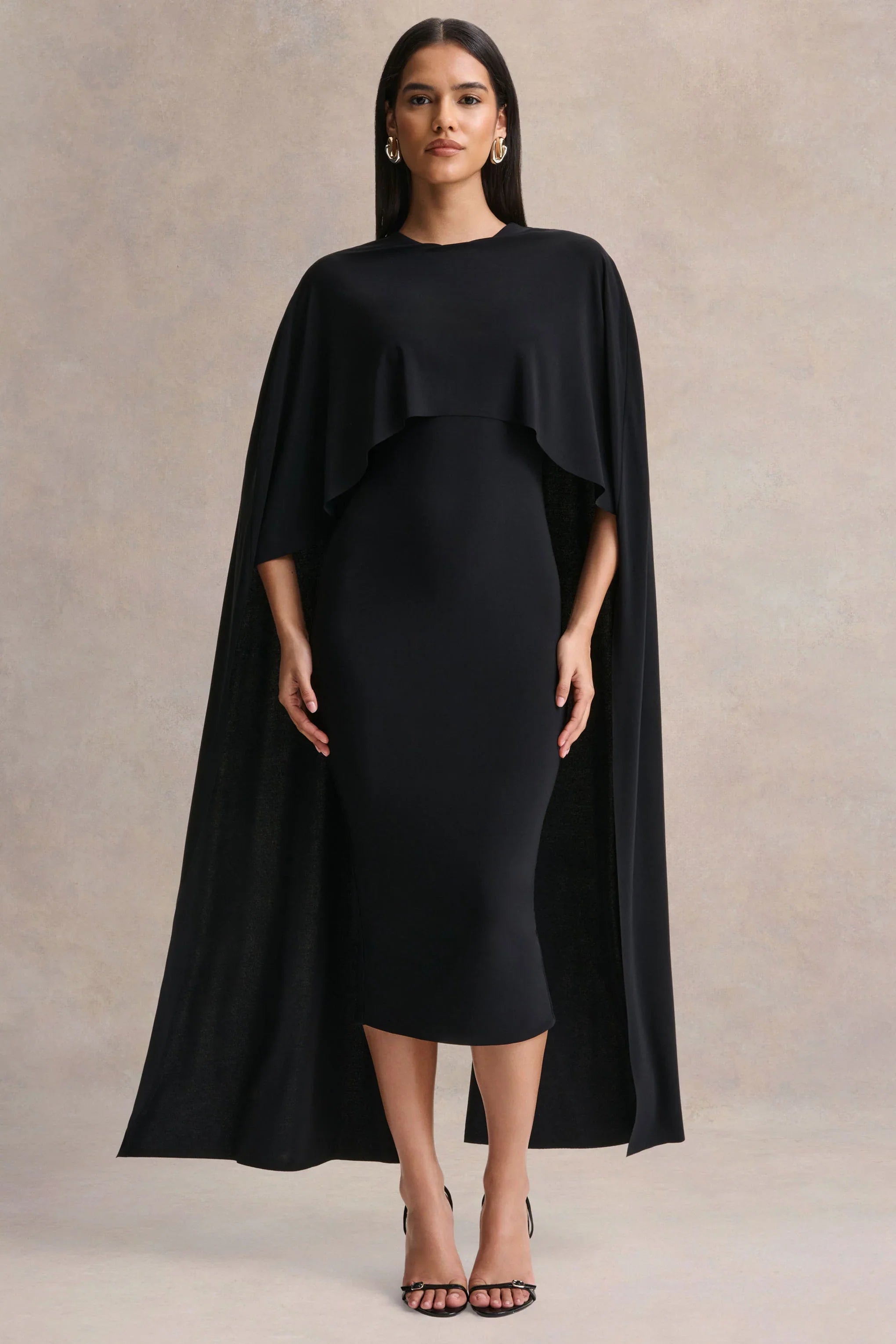 Kalani Black Crew Neck Midi Dress With Cape Sleeves