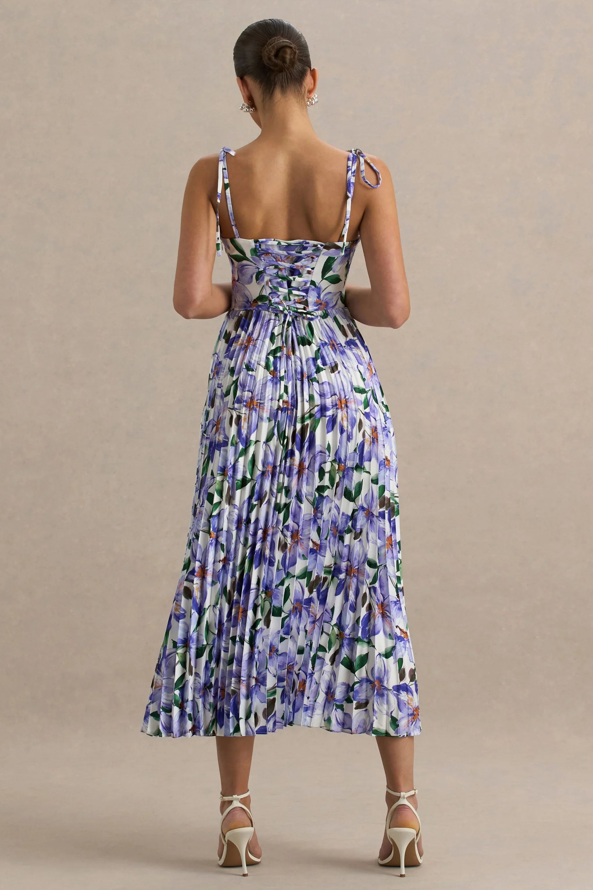 Peyton Purple Lily Print Satin Sweetheart Neck Midi Dress With Pleated Details