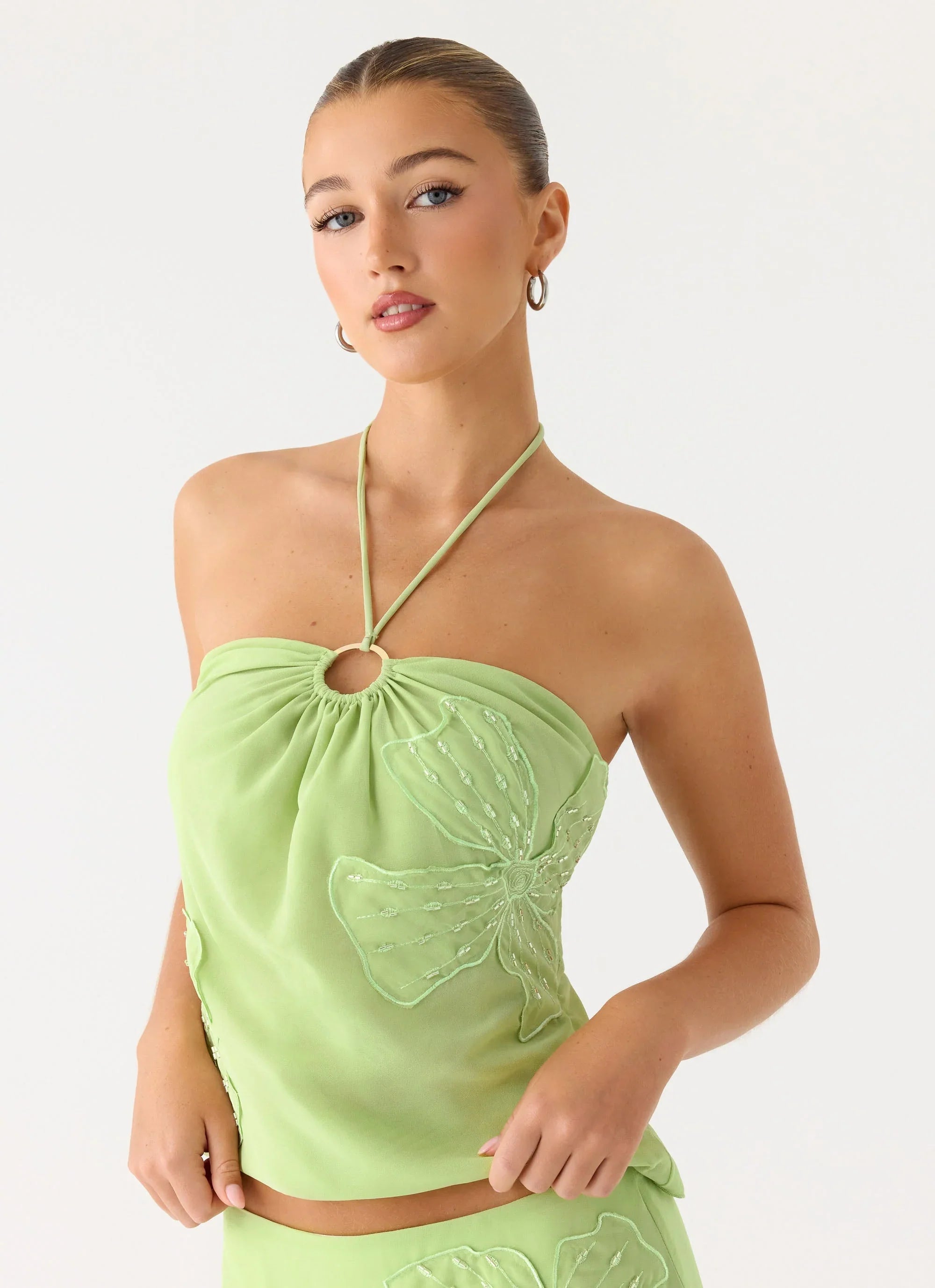 Teneika Beaded Flower Top Lime