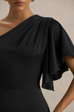 Unforgettable Black Asymmetric Neck Maxi Dress With Ruffled Detailing