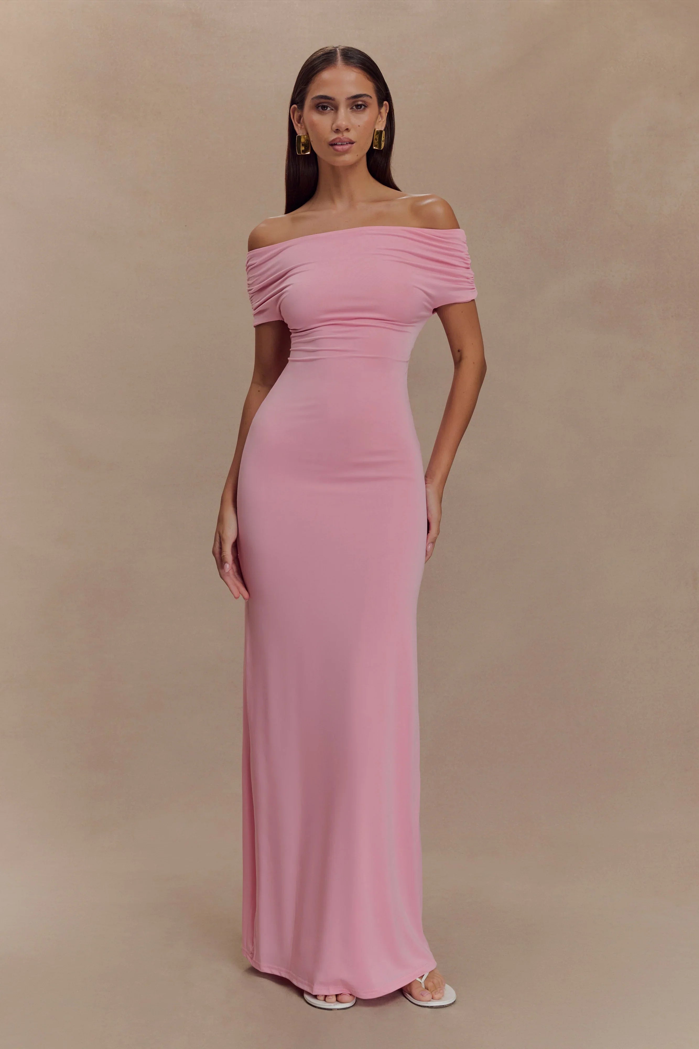 Imogen Off Shoulder Slinky Maxi Dress Candy Pink