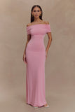 Imogen Off Shoulder Slinky Maxi Dress Candy Pink