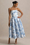 Alaina Blue Porcelain Print Bandeau Midi Dress With Volume Skirt