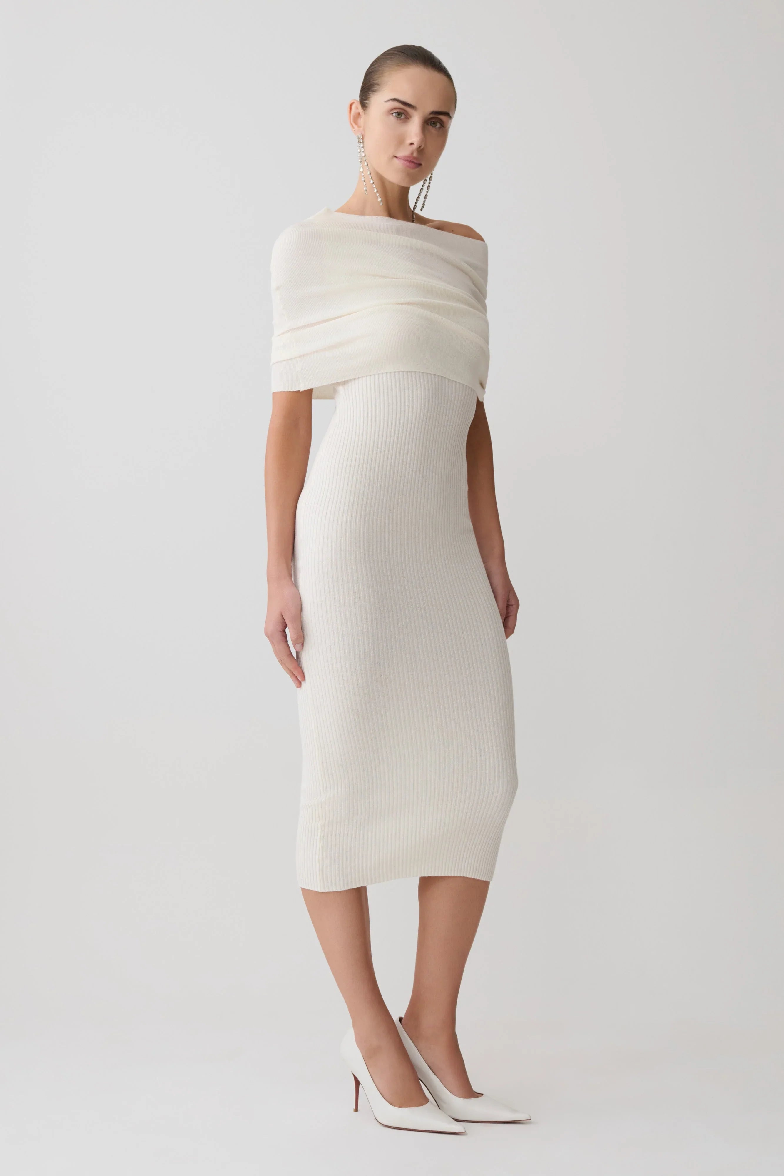 Zandie Cashmere Blend Knit Midi Dress Ivory