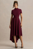 Bellona Burgundy High Neck High Low Midi Dress