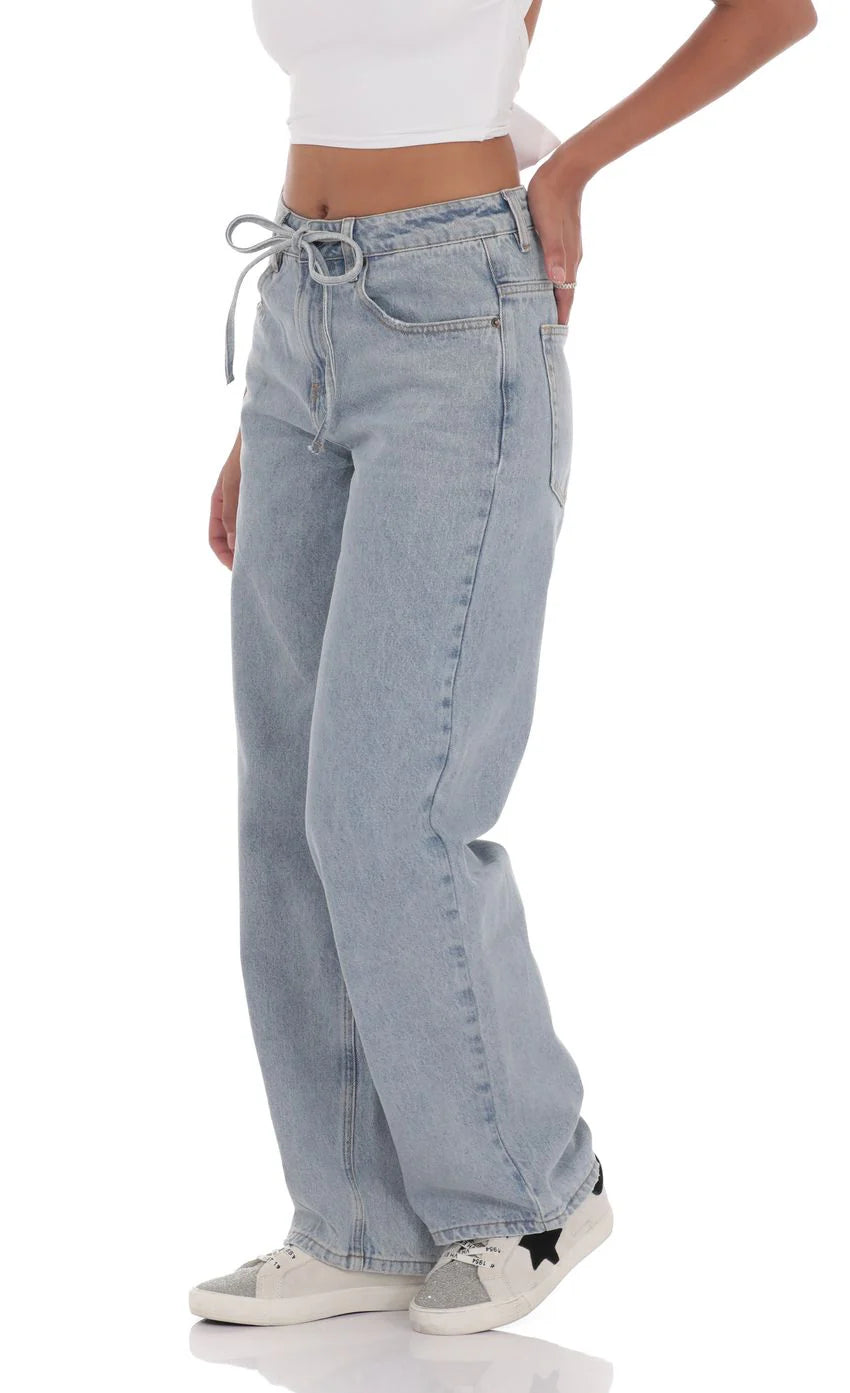 Drawstring Denim Jeans in Blue Wash