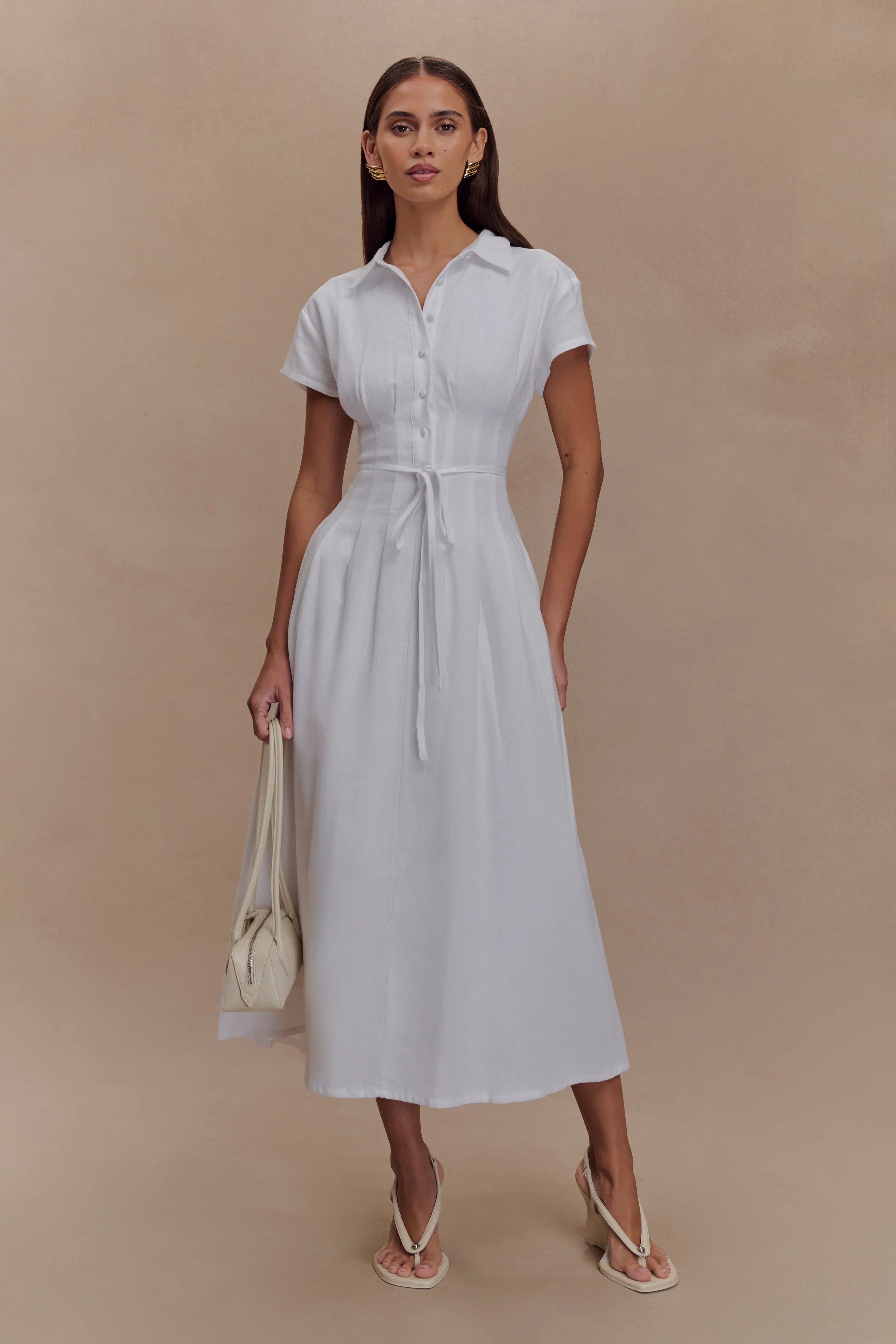 Aysha Buttoned Linen Midi Dress White