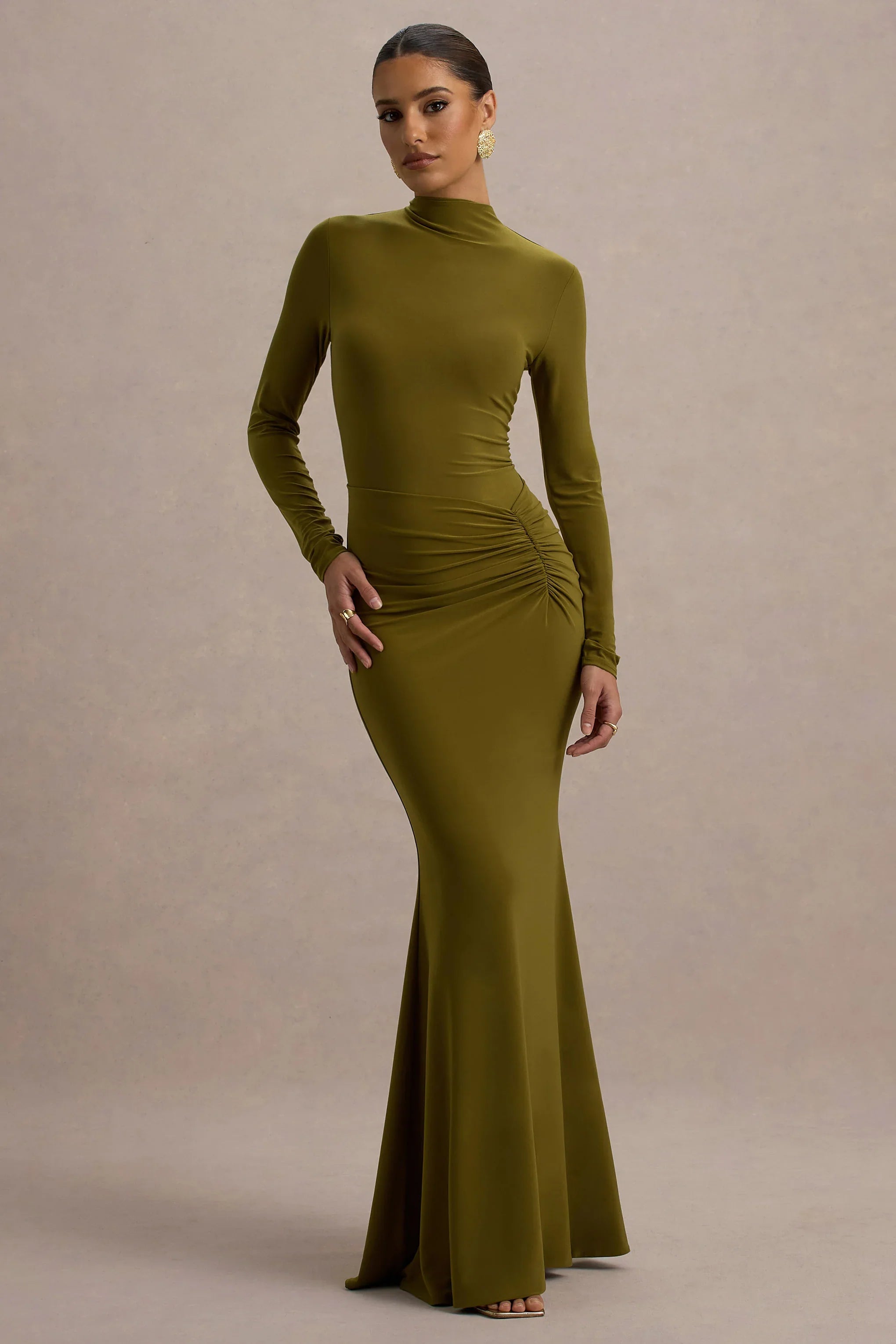 Reid Green Long Sleeve Gathered Maxi Dress