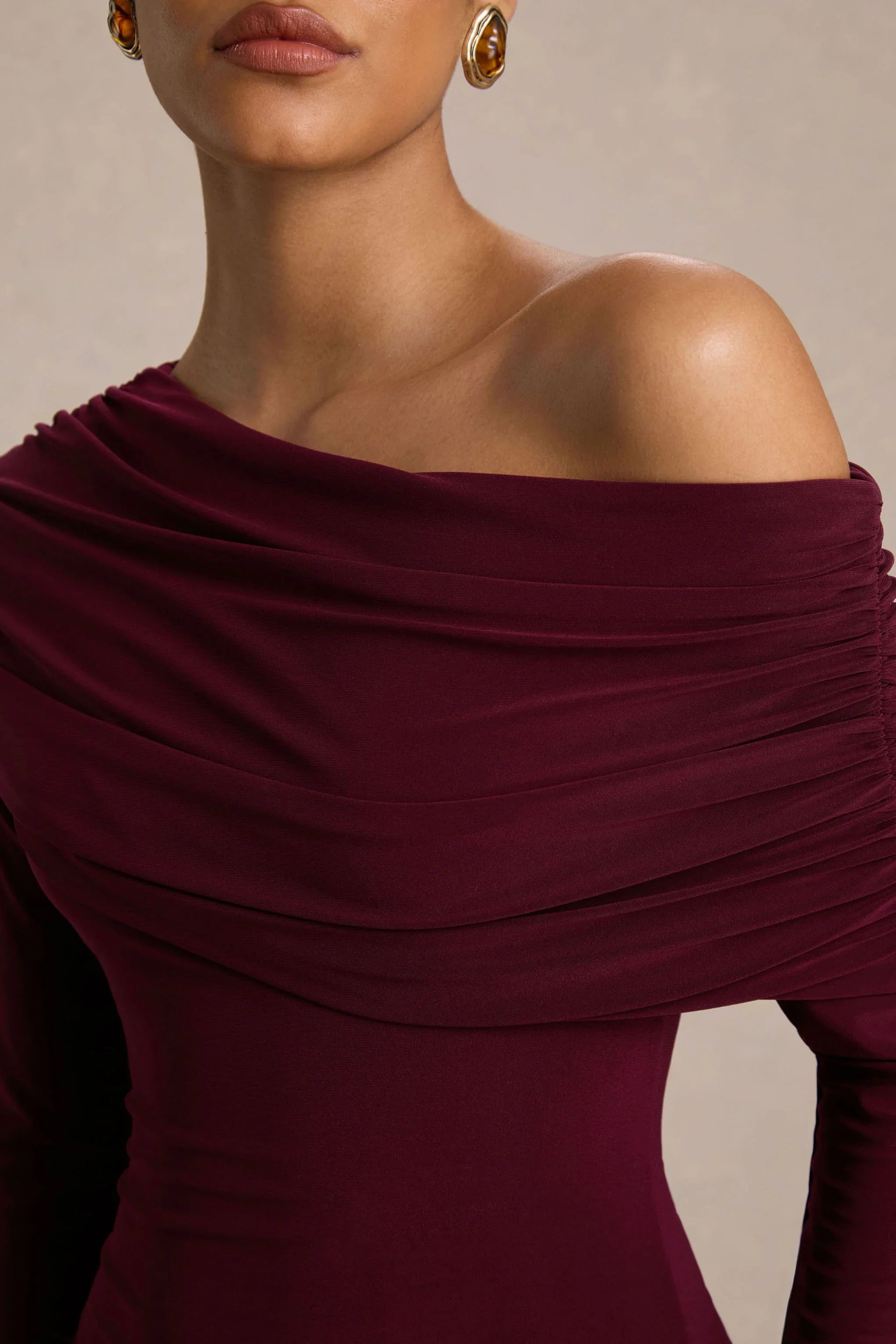 Farah Burgundy Asymmetric Neck Maxi Dress With Drop Waist And Ruched Detailing