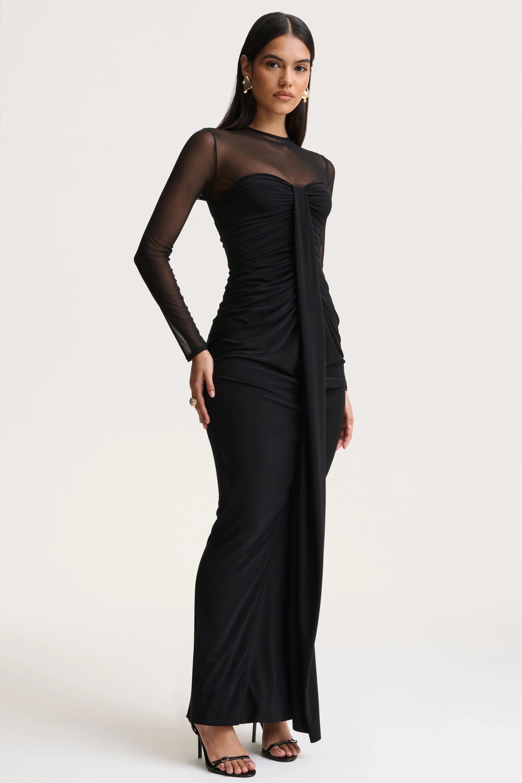 Cadenza Black Crew Neck Maxi Dress With Mesh And Gathered Detailing