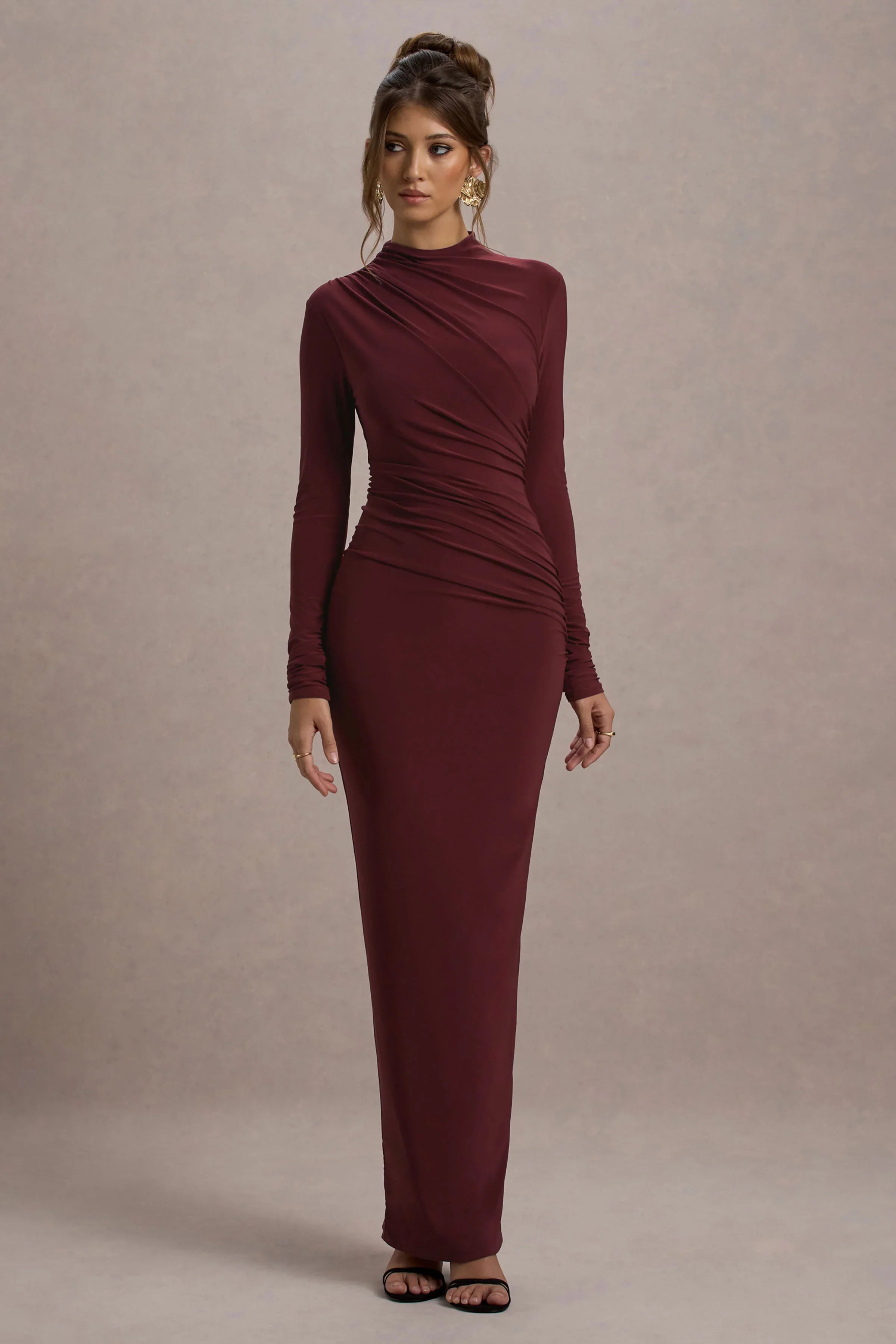 Hespera Port High Neck Long Sleeve Gathered Maxi Dress