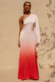 Jayla Red Ombre Satin Asymmetric Maxi Dress With Long Sleeve