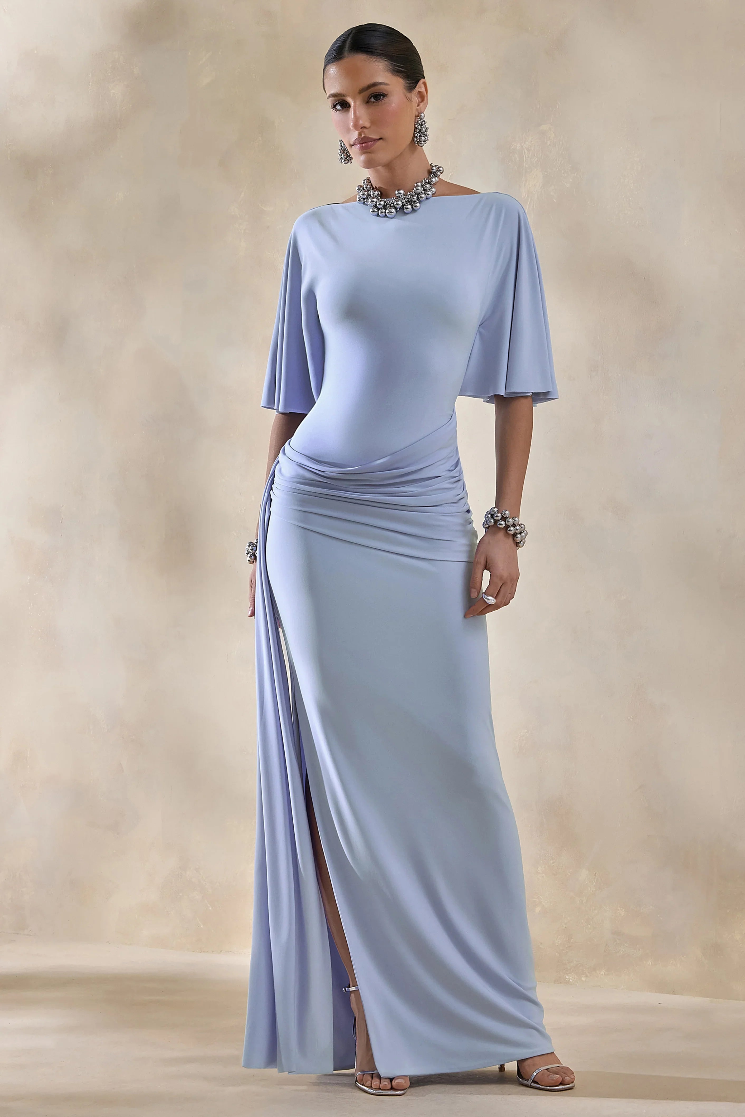 Emerelle Powder Blue Wide Neck Maxi Dress With Sash And Draped Detailing