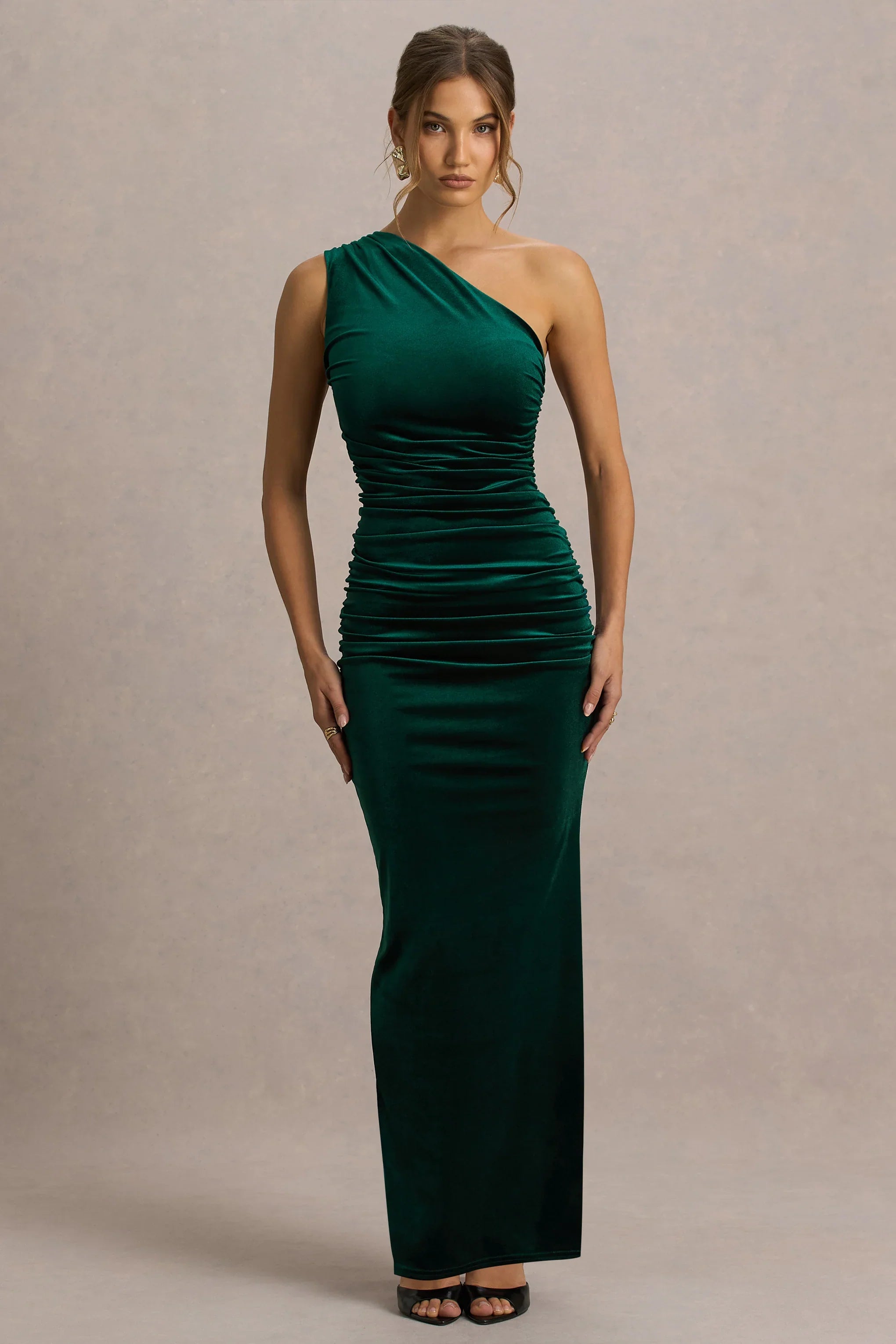Treat Bottle Green Velvet Asymmetric Neck Maxi Dress With Ruched Detailing