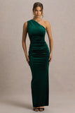 Treat Bottle Green Velvet Asymmetric Neck Maxi Dress With Ruched Detailing