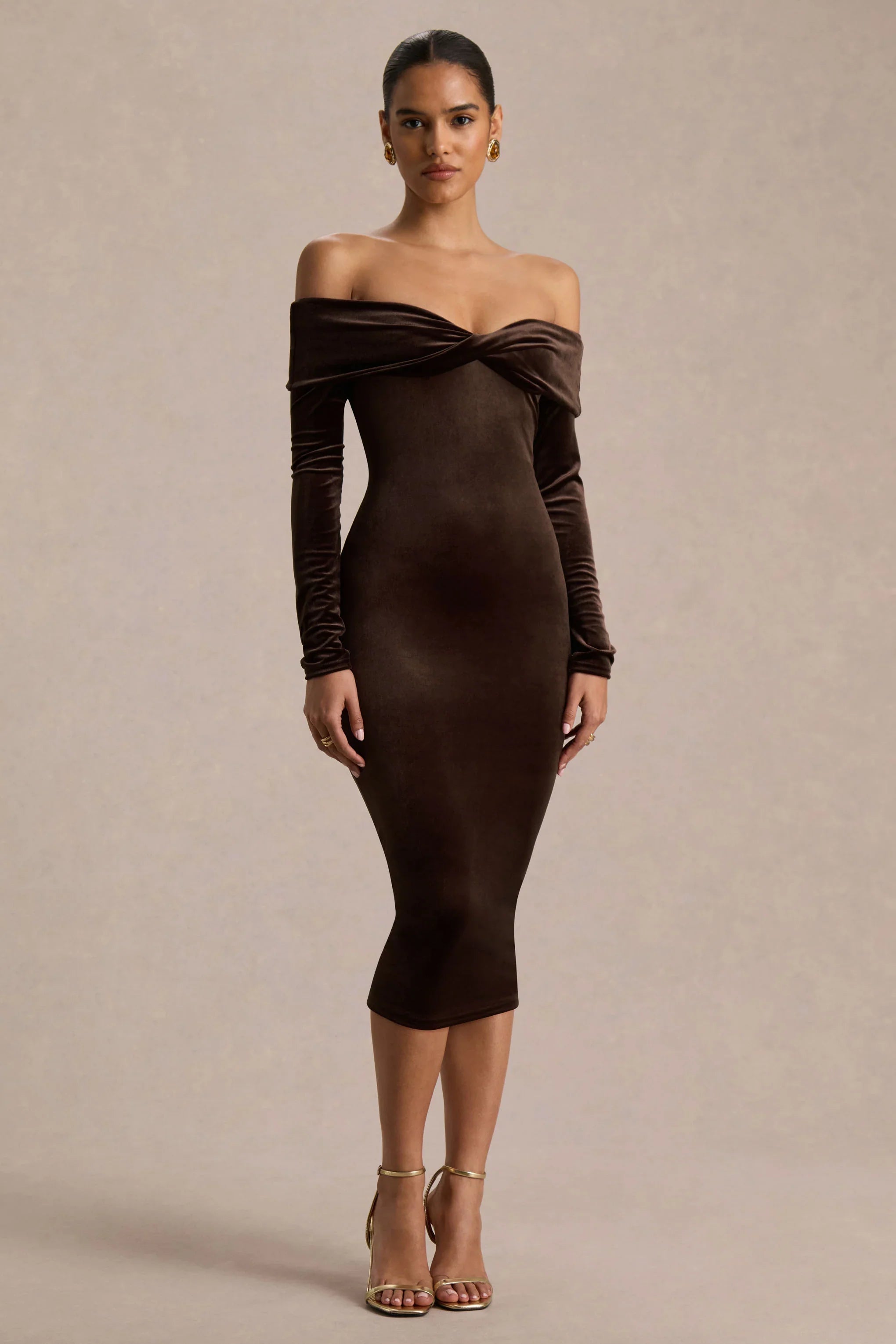 Compliment Brown Velvet Bardot Midi Dress