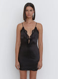 Black Satin Lace Trim Mini Dress