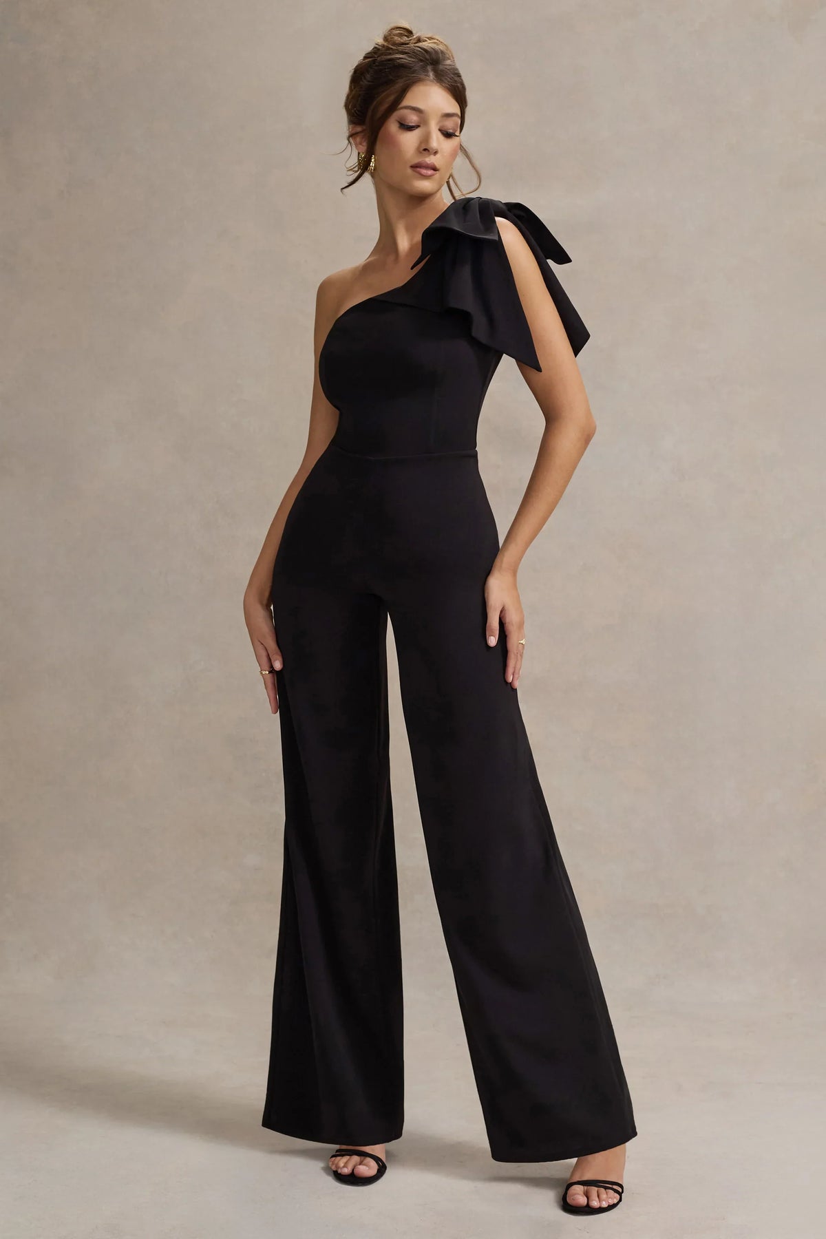 Orilla Black One Shoulder Wide Leg Jumpsuit With Bow