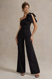 Orilla Black One Shoulder Wide Leg Jumpsuit With Bow