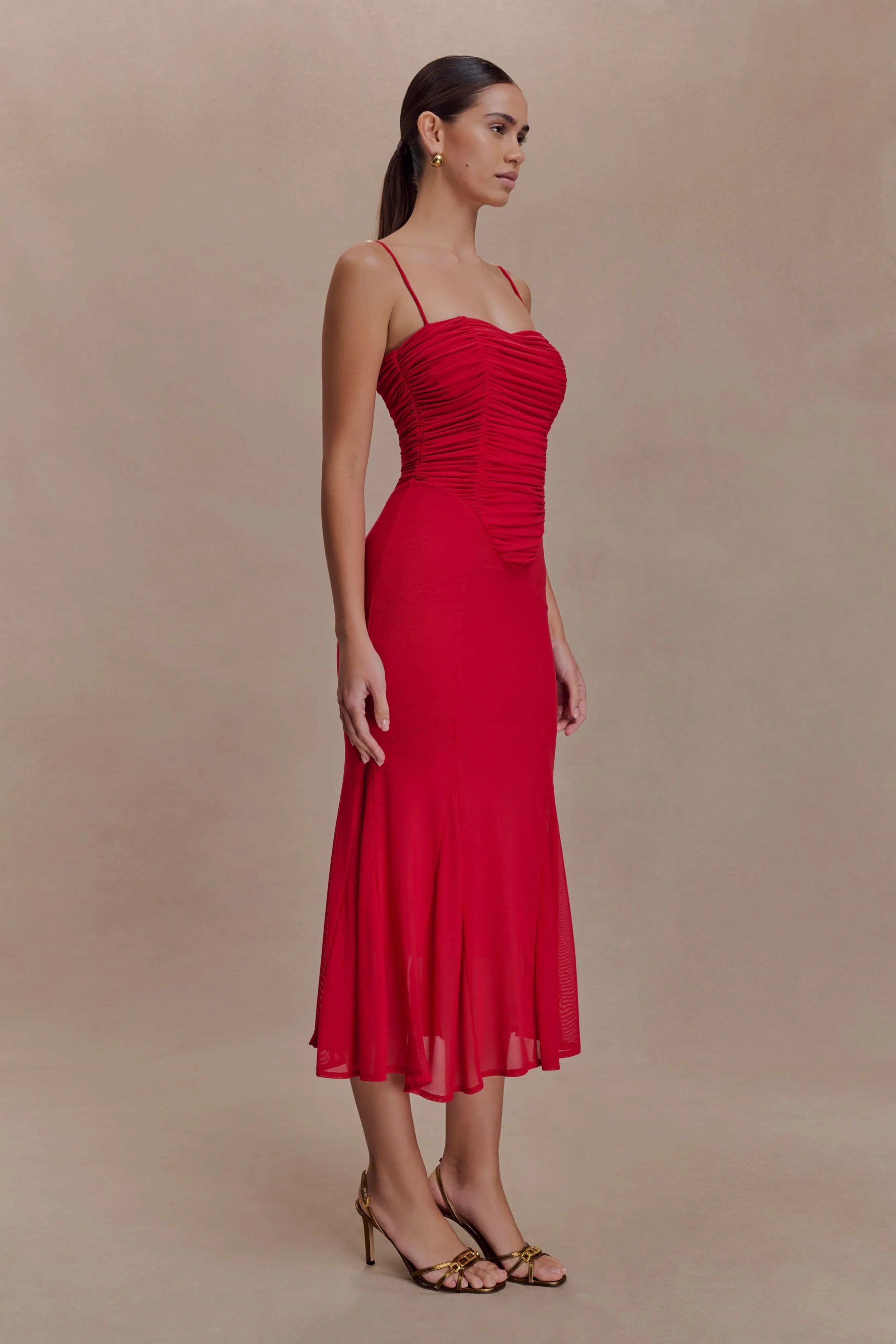 Willa Gathered Mesh Midi Dress Ruby