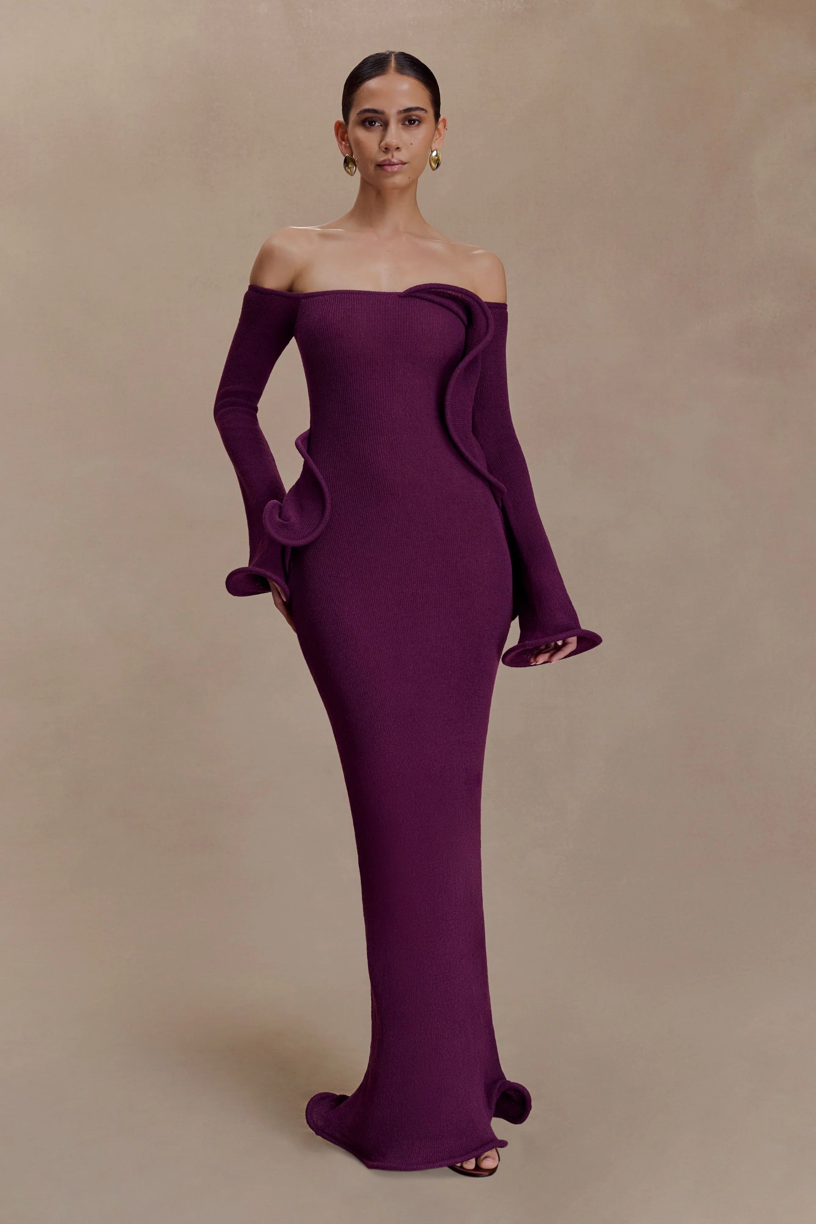 Sandrine Off Shoulder Knit Maxi Dress Plum