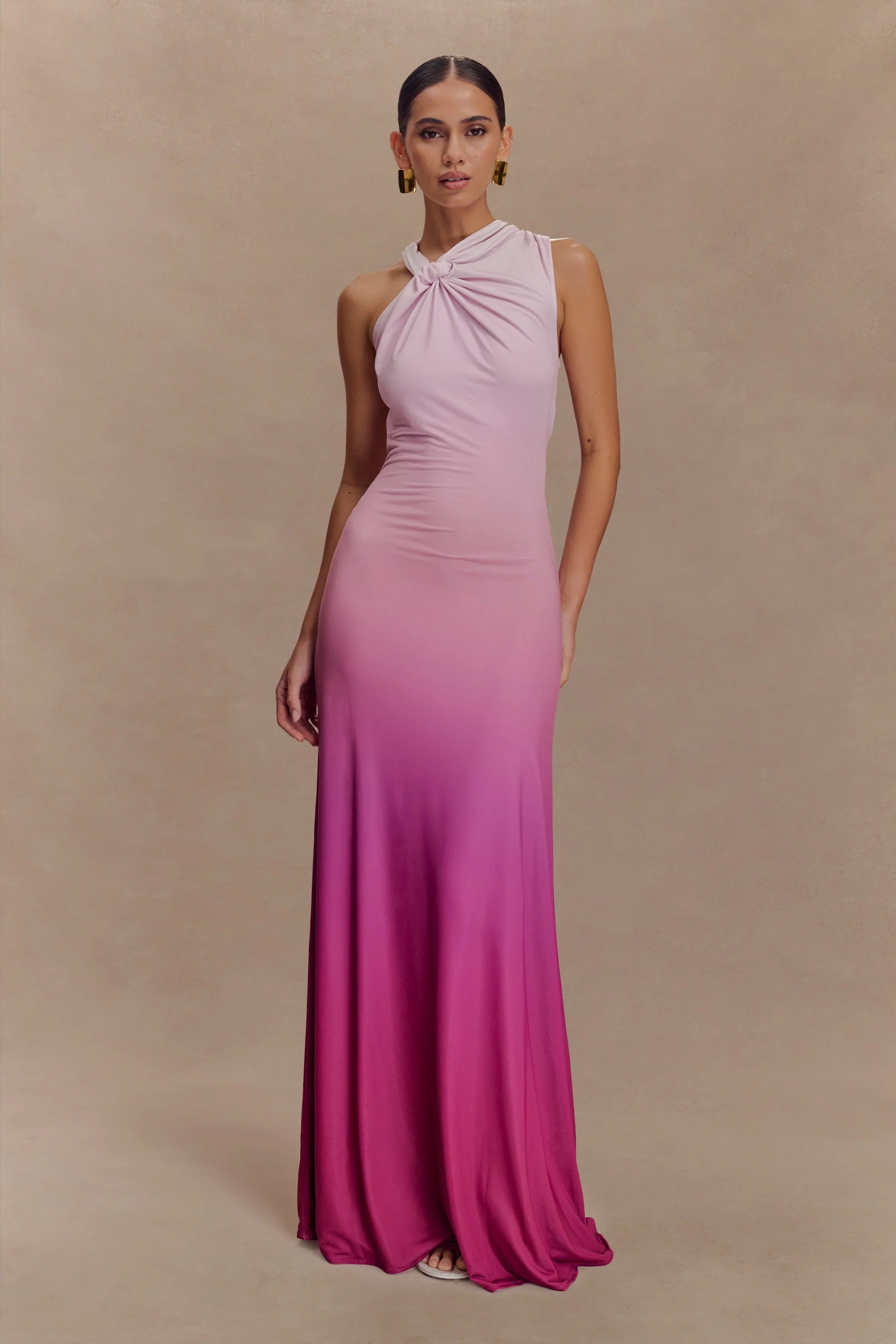 Marlee Asymmetrical Slinky Maxi Dress Ombre Pink