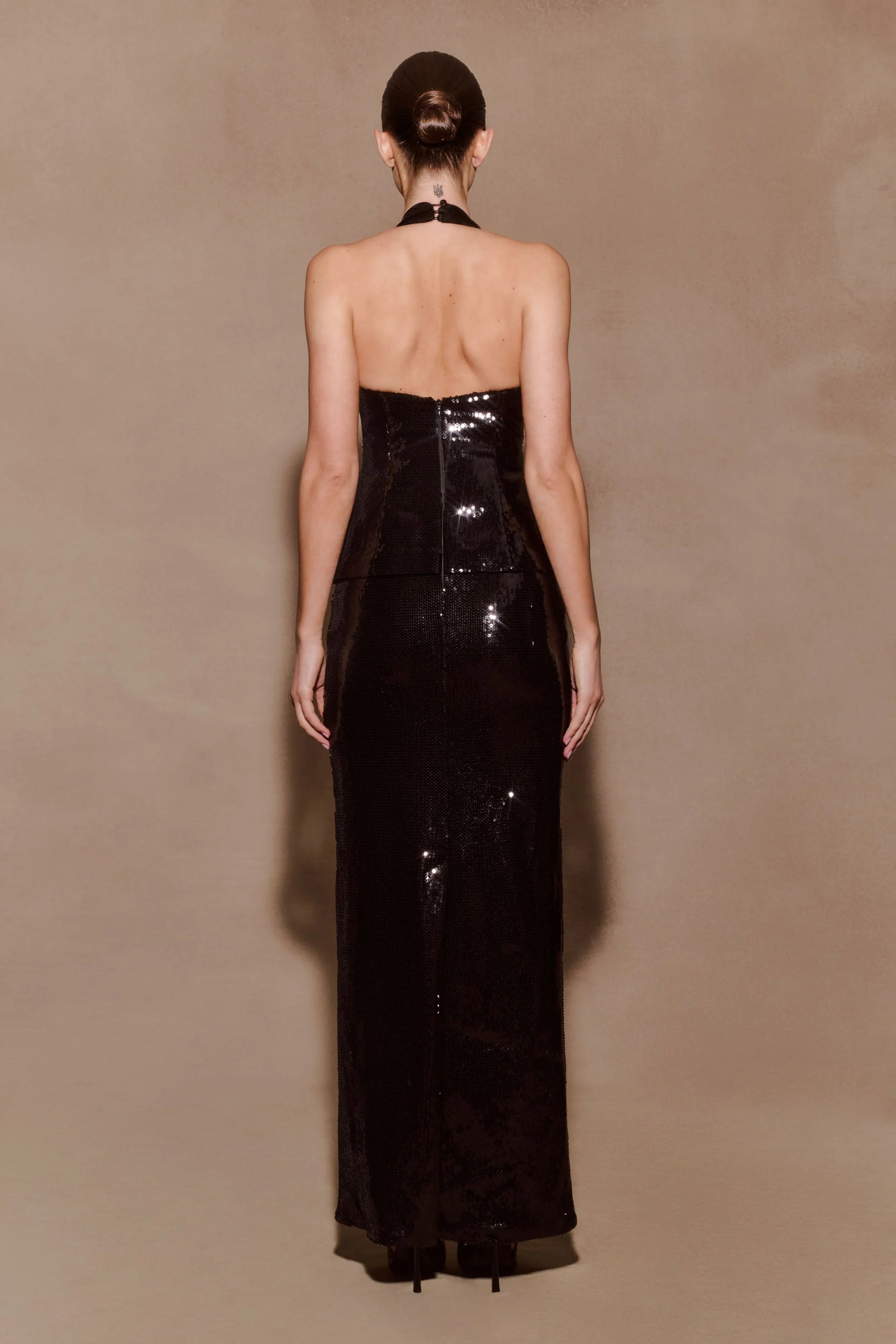 Bertie Sequin Peplum Halter Maxi Dress Black
