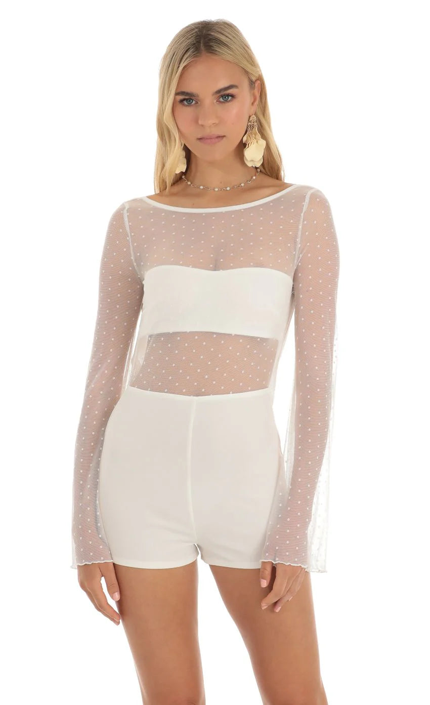 Mesh Dotted Open Back Romper in White