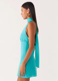 Melisande Scarf Neck Mini Dress Aqua Blue
