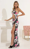 Newspaper Print Cutout Maxi Dress in Black
