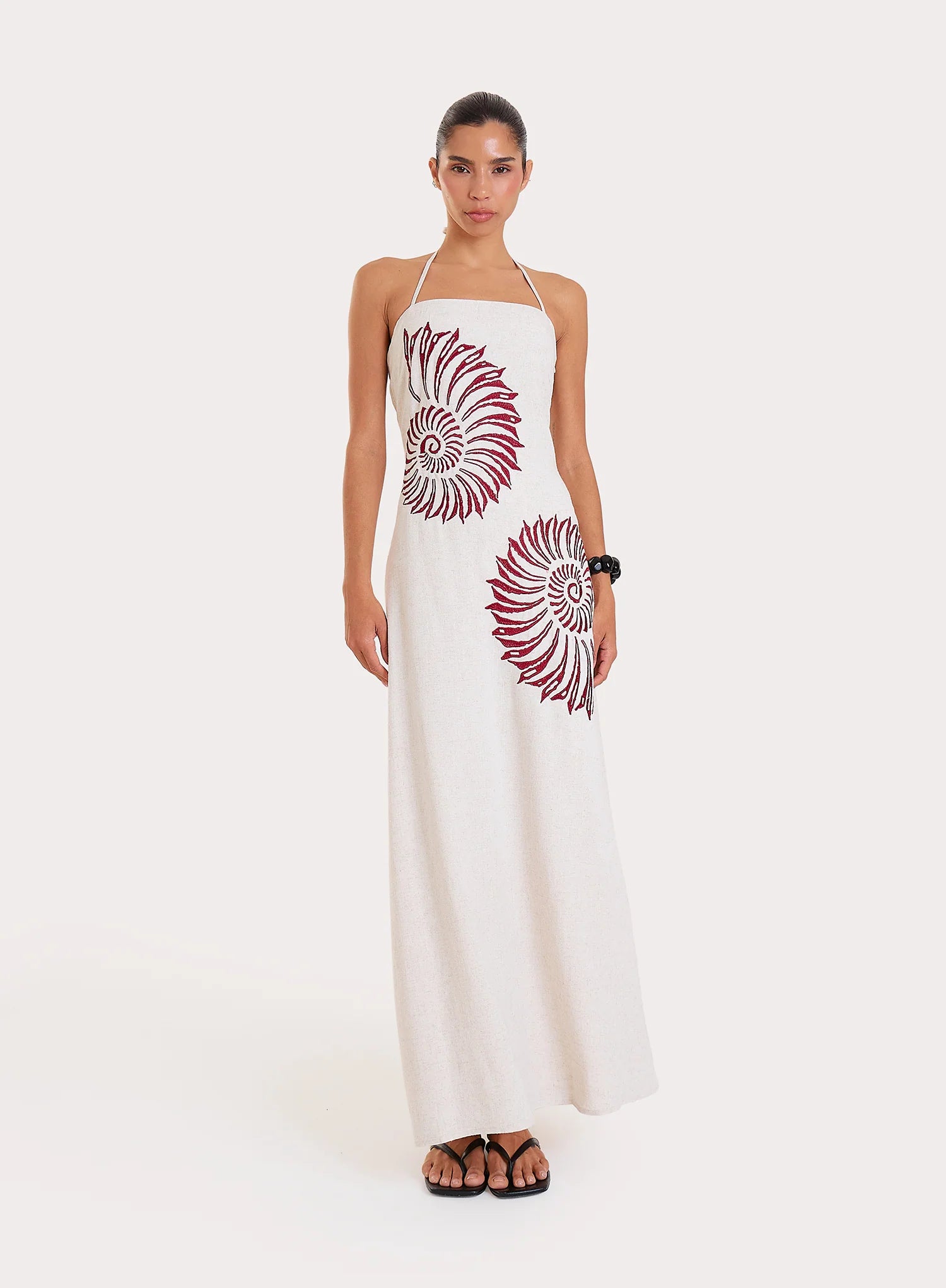 Cream Linen Blend Embroidered Shell Halterneck Maxi Dress