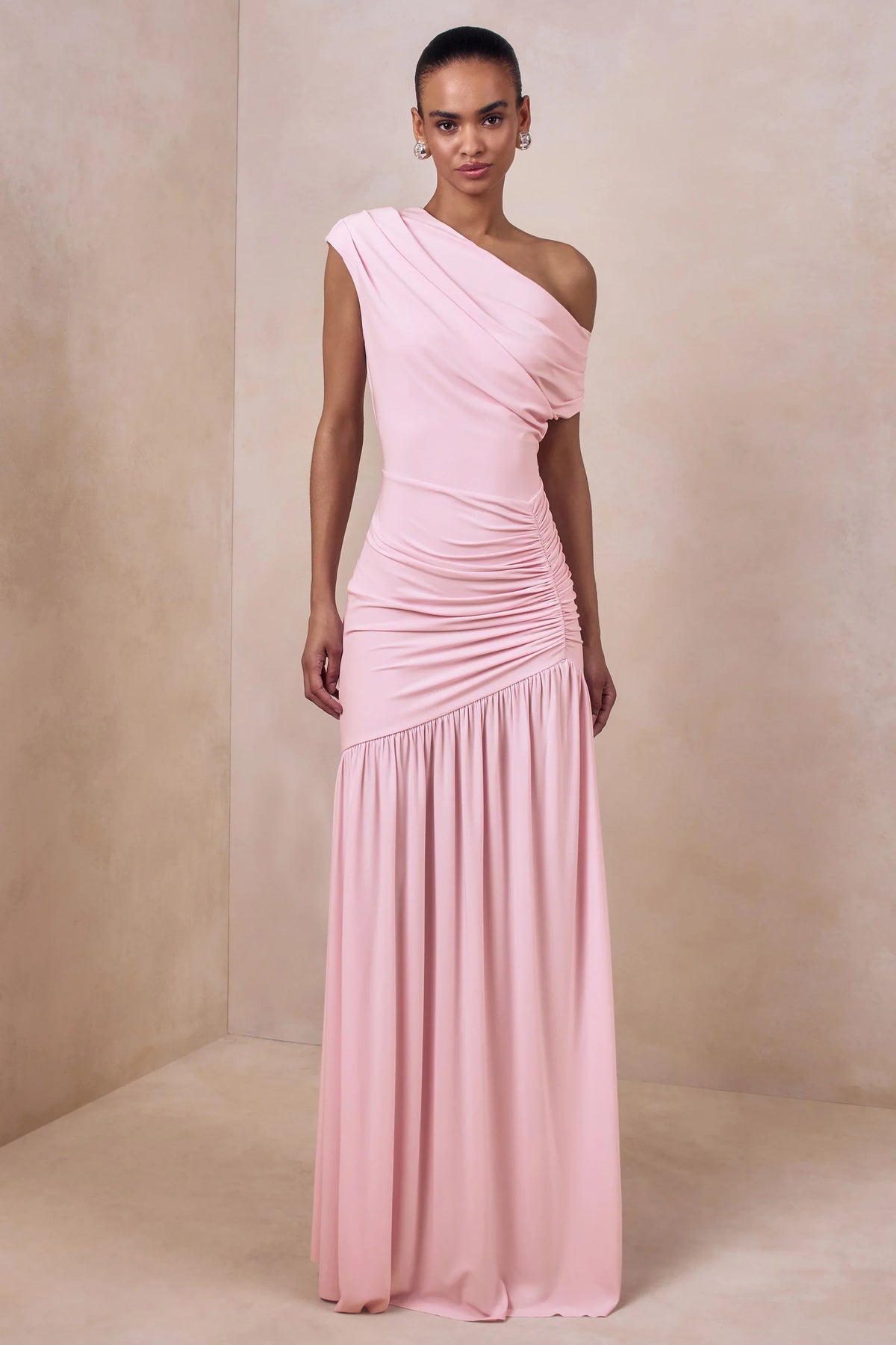 Kady Pink Asymmetric Neck Maxi Dress With Ruched Detailing