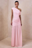 Kady Pink Asymmetric Neck Maxi Dress With Ruched Detailing